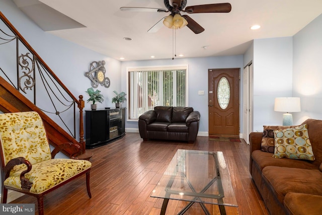 8627 Gilbert St, Philadelphia, PA 19150 - living area featuring wood-type flooring, stairs, a ceiling fan, baseboards, and recessed lighting