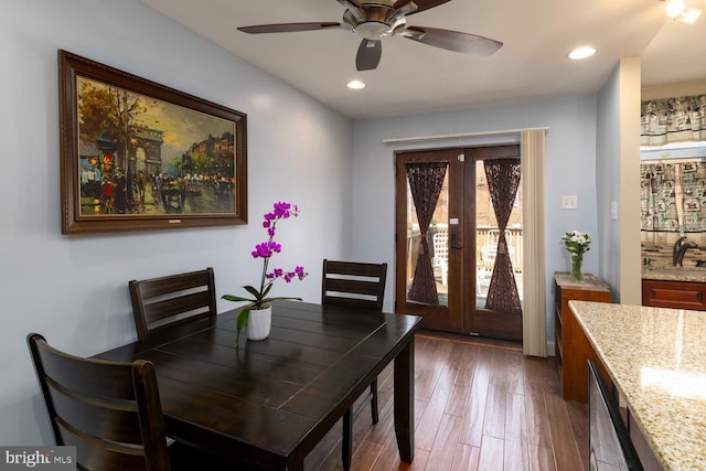 8627 Gilbert St, Philadelphia, PA 19150 - dining area featuring french doors, wood finished floors, a ceiling fan, recessed lighting, and beverage cooler