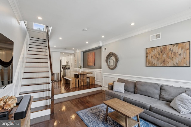 1537 S 2nd St, Philadelphia, PA 19147 - living room with stairs, dark wood-style flooring, ornamental molding, wainscoting, and recessed lighting