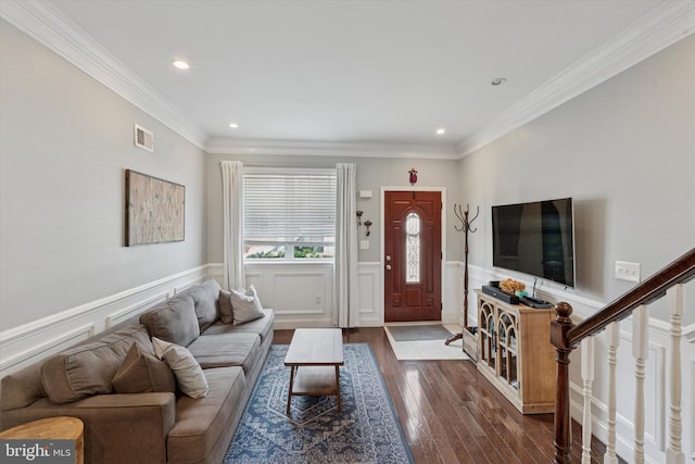 1537 S 2nd St, Philadelphia, PA 19147 - living room with wood finished floors, crown molding, wainscoting, a decorative wall, and recessed lighting