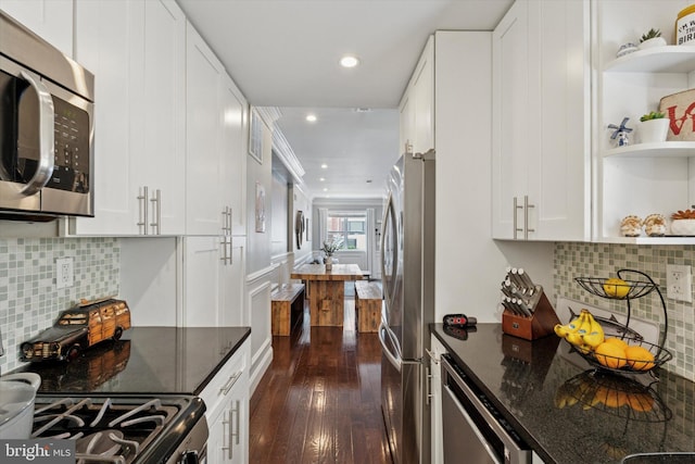 1537 S 2nd St, Philadelphia, PA 19147 - kitchen featuring stainless steel appliances, open shelves, dark wood finished floors, recessed lighting, and dark stone countertops