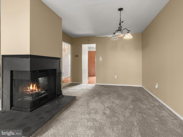 7677 E Arbory Ct Unit 231, Laurel, MD 20707 - unfurnished living room featuring carpet flooring, a chandelier, baseboards, and a multi sided fireplace