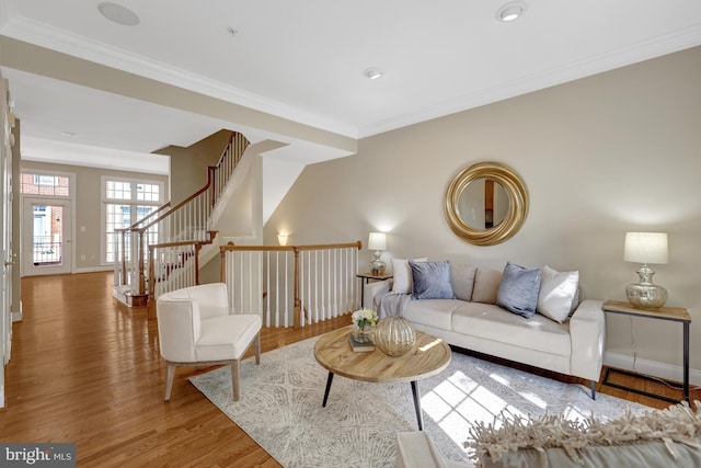 1650 Colonial Hills Dr, Mclean, VA 22102 - living room featuring wood finished floors, crown molding, stairway, and recessed lighting
