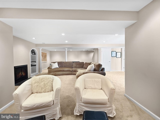 13225 Manor S, Mount Airy, MD 21771 - living area featuring carpet flooring, recessed lighting, baseboards, and a warm lit fireplace