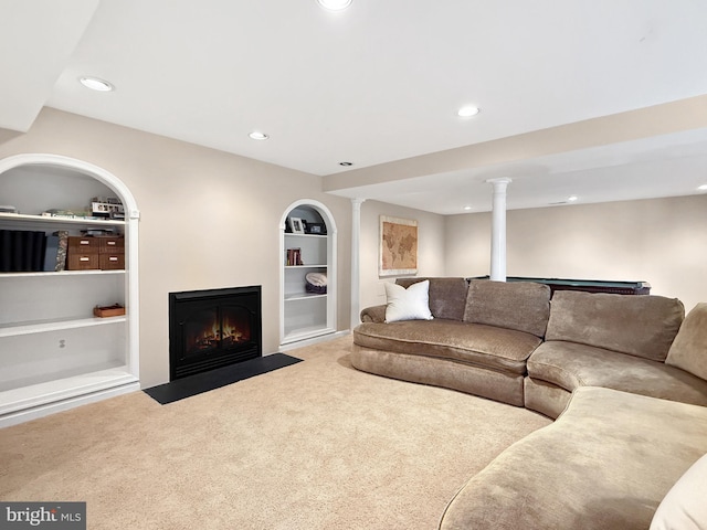 13225 Manor S, Mount Airy, MD 21771 - living room featuring built in shelves, carpet flooring, recessed lighting, and a fireplace with flush hearth