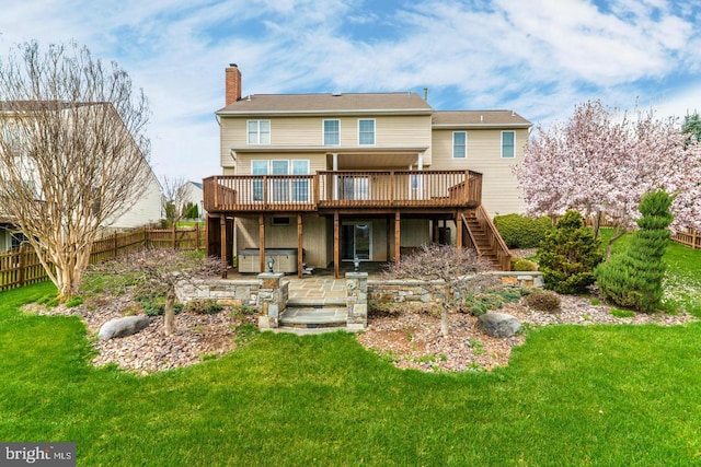 13225 Manor S, Mount Airy, MD 21771 - rear view of house with a hot tub, a wooden deck, stairs, a chimney, and a patio area