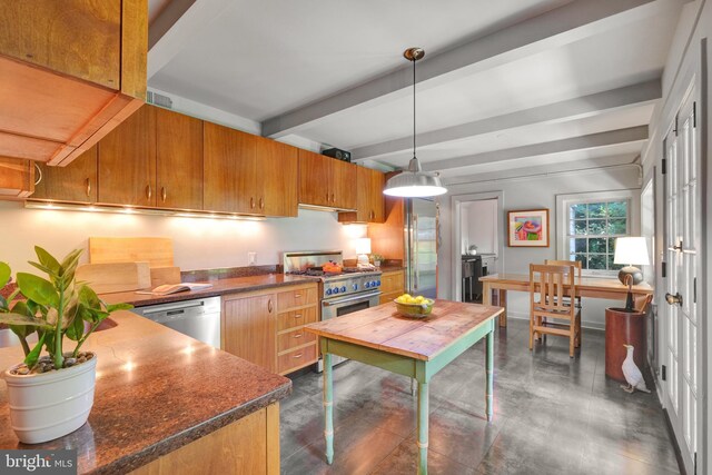 323 N Patrick St, Alexandria, VA 22314 - kitchen featuring stainless steel appliances, dark countertops, beam ceiling, decorative light fixtures, and brown cabinetry