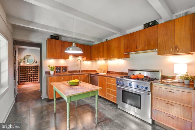 323 N Patrick St, Alexandria, VA 22314 - kitchen featuring stainless steel appliances, beamed ceiling, a sink, ventilation hood, and pendant lighting