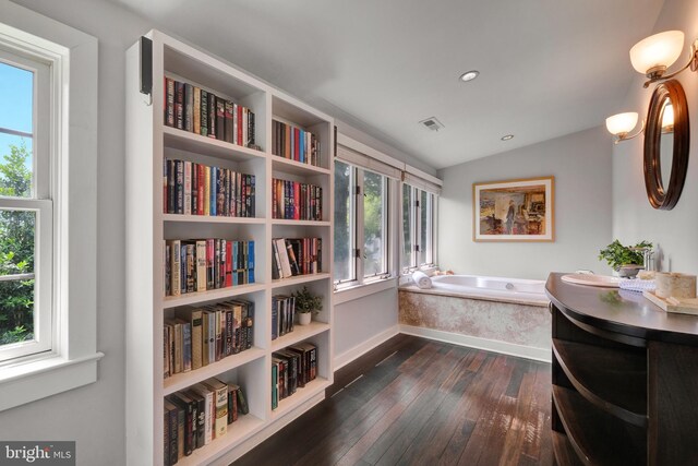 323 N Patrick St, Alexandria, VA 22314 - sitting room featuring dark wood-style floors, lofted ceiling, baseboards, and recessed lighting