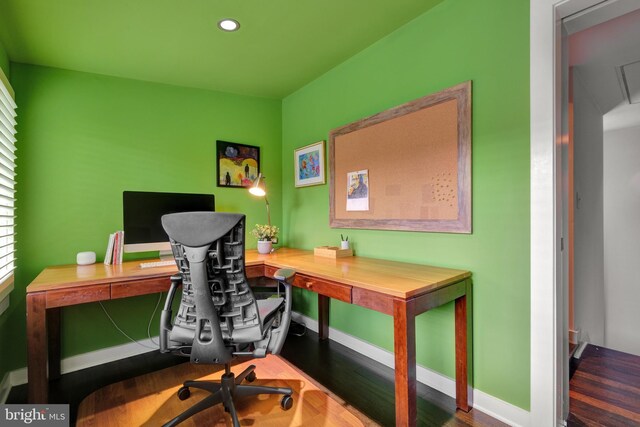 323 N Patrick St, Alexandria, VA 22314 - home office featuring baseboards, wood finished floors, and recessed lighting