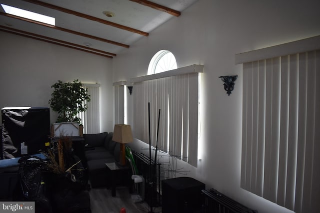 6525 Nomini Hall Rd, Hague, VA 22469 - living area with beam ceiling, high vaulted ceiling, radiator, and wood finished floors