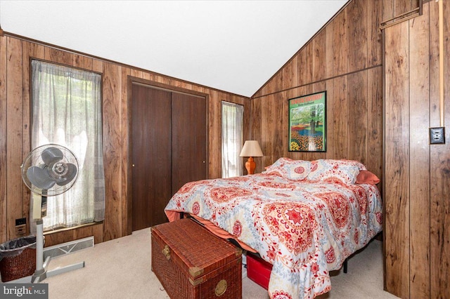 19 Snowflake Ln, Hedgesville, WV 25427 - carpeted bedroom with wooden walls, multiple windows, and vaulted ceiling