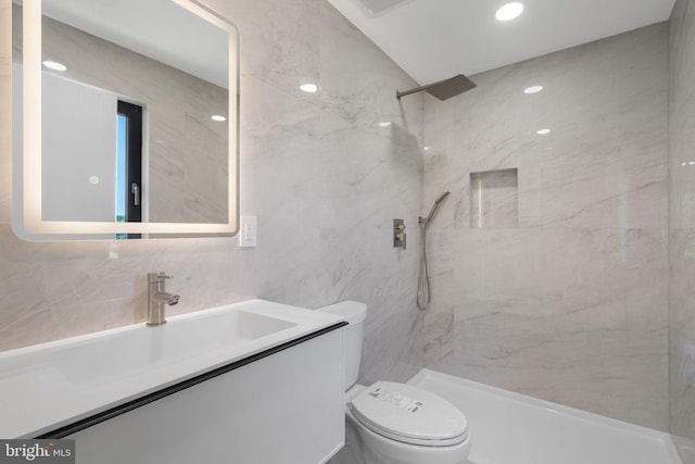 3750 Wheatsheaf Rd, Huntingdon Valley, PA 19006 - bathroom with toilet, vanity, a walk in shower, recessed lighting, and tile walls