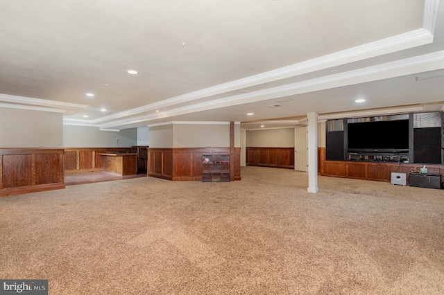 168 Joshua Dr, Hanover, PA 17331 - unfurnished living room featuring a wainscoted wall, carpet flooring, ornamental molding, recessed lighting, and bar