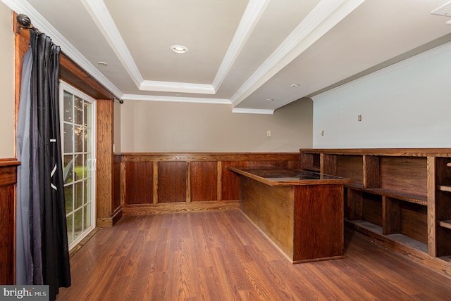 168 Joshua Dr, Hanover, PA 17331 - bar area with wood finished floors, a wainscoted wall, ornamental molding, a raised ceiling, and recessed lighting