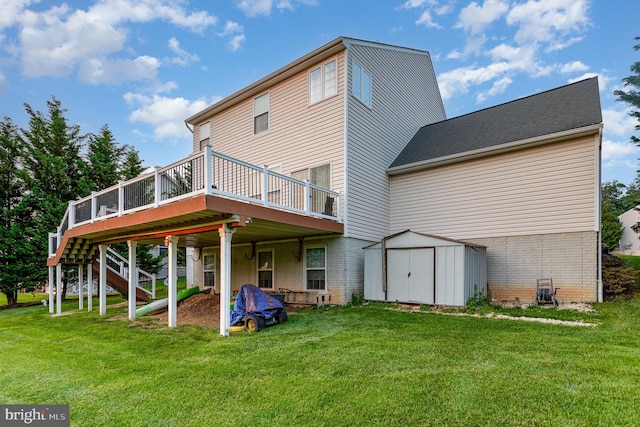 168 Joshua Dr, Hanover, PA 17331 - back of house featuring a shed, a deck, a lawn, brick siding, and stairs