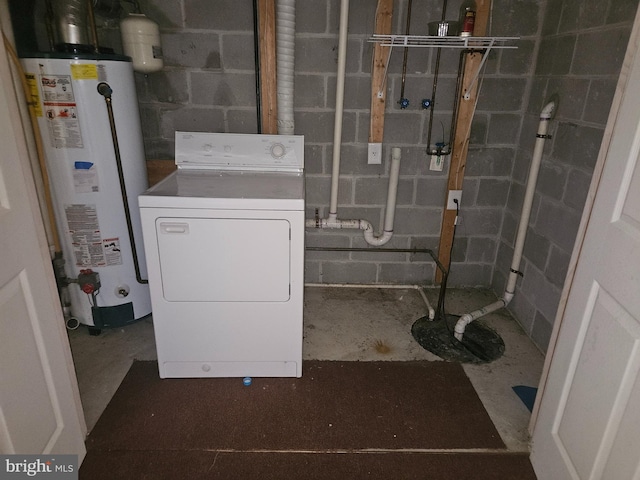 1139 Bradley Rd, Pasadena, MD 21122 - laundry area featuring washer / dryer, gas water heater, and concrete block wall