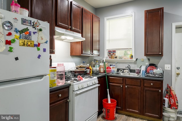 1427 Poplar Grove St, Baltimore, MD 21216 - kitchen with white appliances, under cabinet range hood, dark countertops, and light wood-style floors