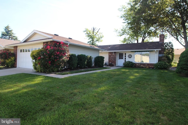 236 Vernon Rd, Monroe Township, NJ 08831 - ranch-style house featuring a front yard, an attached garage, concrete driveway, and a chimney