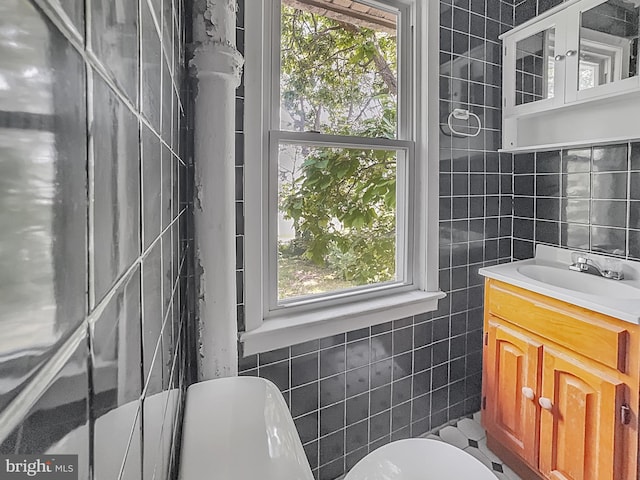 123 W Foundry St, Millville, NJ 08332 - bathroom with tile walls, vanity, plenty of natural light, and toilet