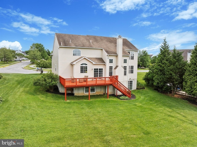 127 Watch Hill Rd, East Fallowfield Township, PA 19320 - back of house with stairway, a deck, a chimney, and a lawn