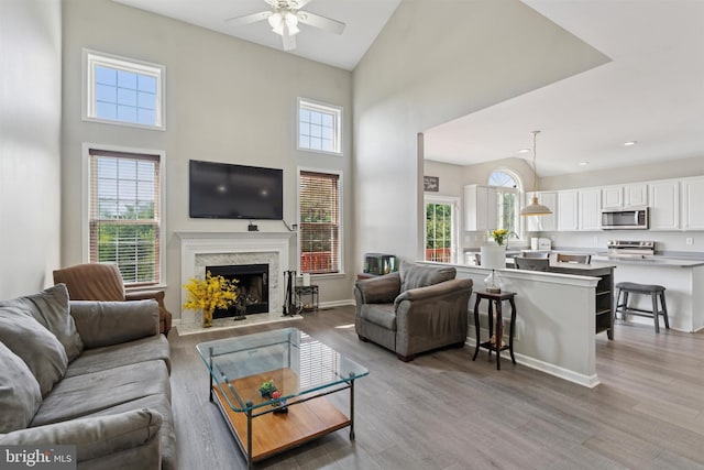 127 Watch Hill Rd, East Fallowfield Township, PA 19320 - living area with ceiling fan, a towering ceiling, a premium fireplace, wood finished floors, and recessed lighting