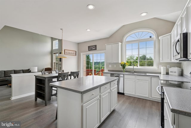 127 Watch Hill Rd, East Fallowfield Township, PA 19320 - kitchen with appliances with stainless steel finishes, wood finished floors, white cabinets, a kitchen island, and recessed lighting