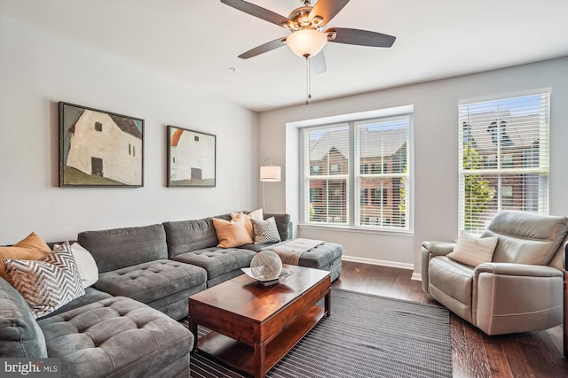 43436 Apple Orchard Sq, Ashburn, VA 20148 - living room featuring dark wood-style flooring, healthy amount of natural light, and a ceiling fan