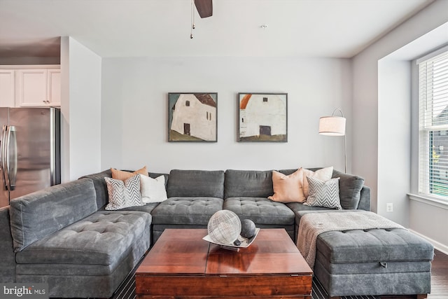 43436 Apple Orchard Sq, Ashburn, VA 20148 - living room featuring wood finished floors, plenty of natural light, and a ceiling fan