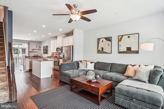 43436 Apple Orchard Sq, Ashburn, VA 20148 - living room featuring ceiling fan, dark wood-style flooring, and recessed lighting