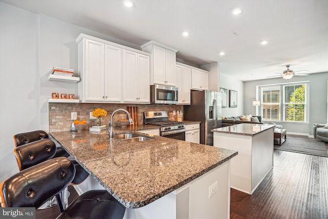43436 Apple Orchard Sq, Ashburn, VA 20148 - kitchen featuring stainless steel appliances, open floor plan, a center island, a peninsula, and white cabinetry