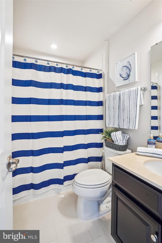 43436 Apple Orchard Sq, Ashburn, VA 20148 - bathroom with vanity, tile patterned floors, curtained shower, and recessed lighting