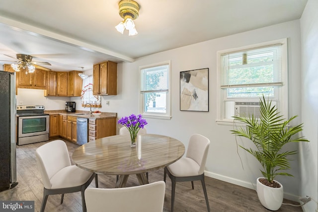 64 Poplar Ave, Warrington, PA 18976 - dining room featuring wood finished floors, baseboards, ceiling fan, and cooling unit