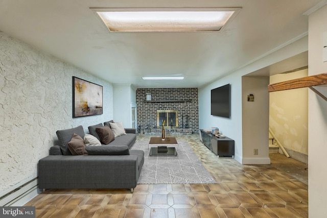 64 Poplar Ave, Warrington, PA 18976 - living area with baseboard heating, stairway, and a brick fireplace