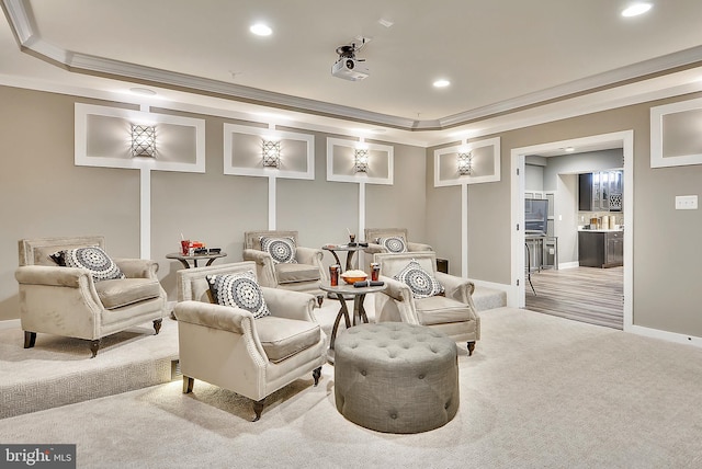 4420 Breidenbaugh Ln, Glen Arm, MD 21057 - carpeted home theater room with crown molding and recessed lighting