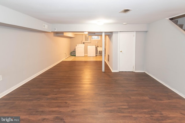 5603 Clearspring Rd, Baltimore, MD 21212 - finished basement with washing machine and dryer, stairs, baseboards, wood finished floors, and a sink