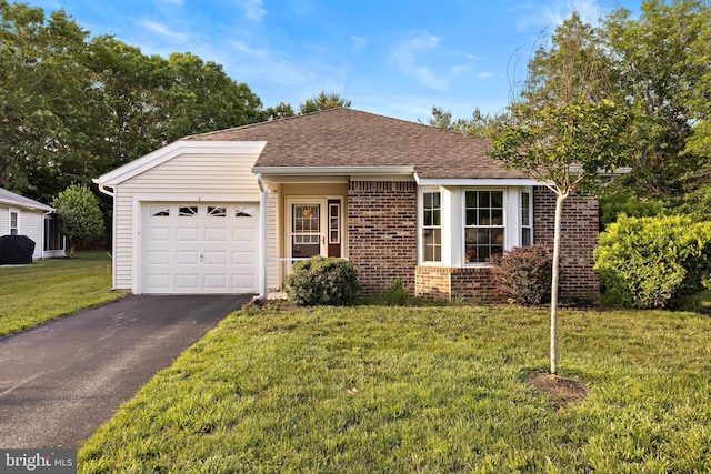 2 Cottonwood Dr, Barnegat, NJ 08005 - ranch-style home featuring brick siding, a garage, driveway, a front lawn, and a shingled roof