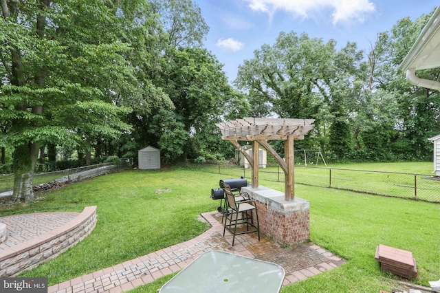 6937 Halleck St, District Heights, MD 20747 - fenced backyard with a pergola, a storage unit, a patio area, and view of scattered trees