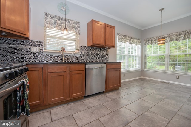 112 Jeffords Ct Unit 1601, Phoenixville, PA 19460 - kitchen with stainless steel appliances, dark countertops, crown molding, and tasteful backsplash