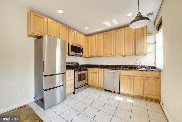 1030 Fairmont St NW Unit 204, Washington, DC 20001 - kitchen with stainless steel appliances, light brown cabinets, a sink, open shelves, and recessed lighting
