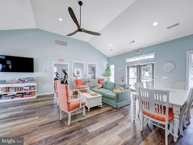 20005 Newry Dr Unit Y13, Rehoboth Beach, DE 19971 - living room featuring wood finished floors, ceiling fan, recessed lighting, high vaulted ceiling, and french doors
