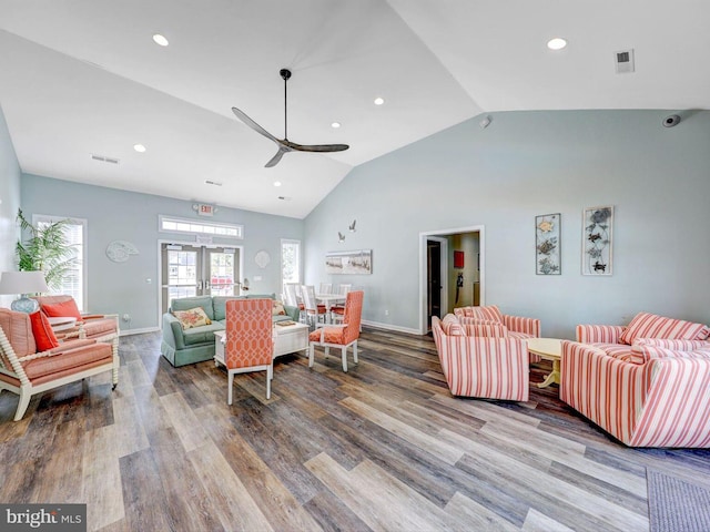 20005 Newry Dr Unit Y13, Rehoboth Beach, DE 19971 - living area featuring vaulted ceiling, wood finished floors, ceiling fan, and recessed lighting