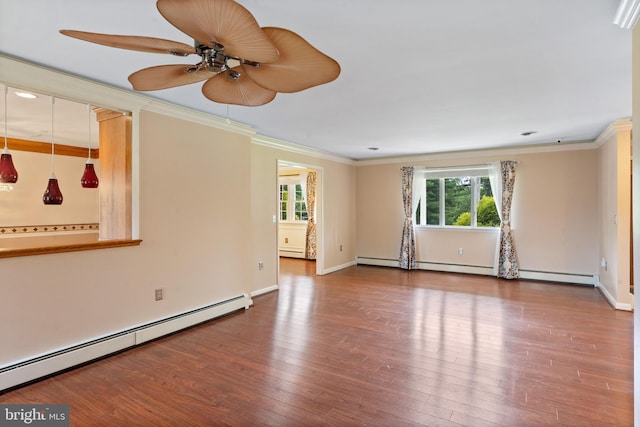 1404 Stockton Rd, Joppa, MD 21085 - unfurnished room with baseboard heating, ceiling fan, healthy amount of natural light, wood finished floors, and ornamental molding