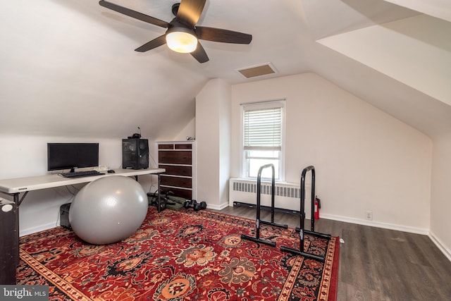 832 N Warren St, Pottstown, PA 19464 - home office featuring radiator heating unit, ceiling fan, wood finished floors, vaulted ceiling, and baseboards