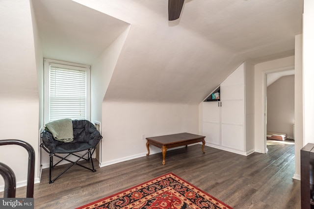 832 N Warren St, Pottstown, PA 19464 - sitting room featuring dark wood-style floors, lofted ceiling, a ceiling fan, and baseboards