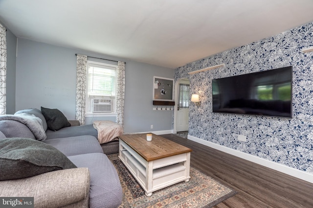 832 N Warren St, Pottstown, PA 19464 - living room with wallpapered walls, wood finished floors, baseboards, and cooling unit