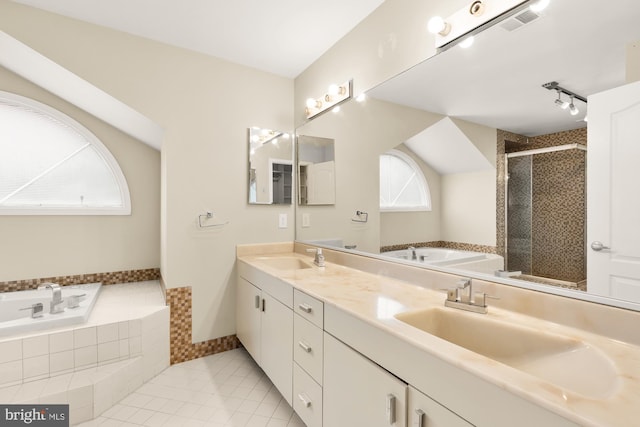 5501 Chestermill Ct, Fairfax, VA 22030 - bathroom with a shower stall, a bath, double vanity, and tile patterned flooring