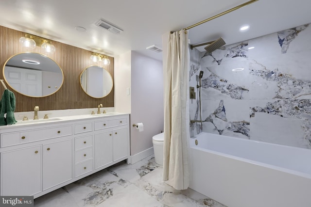 1304 Maple Ave, Lancaster, PA 17603 - full bathroom featuring double vanity, shower / tub combo, marble finish floors, and toilet