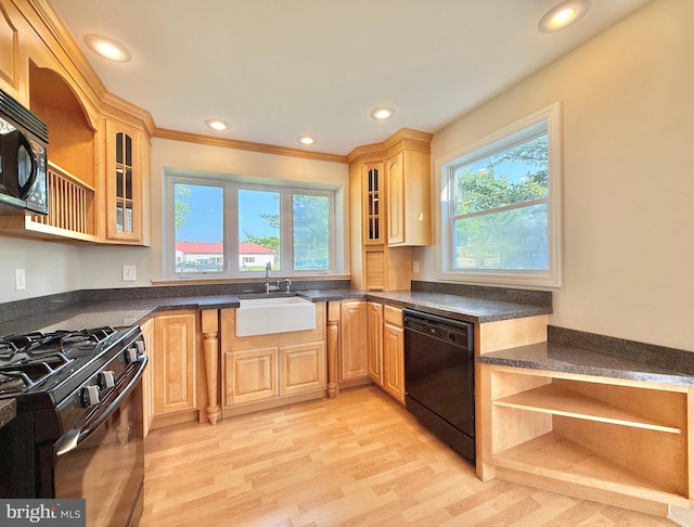 504 Redrow Ave, Swedesboro, NJ 08085 - kitchen featuring black appliances, open shelves, plenty of natural light, dark countertops, and recessed lighting