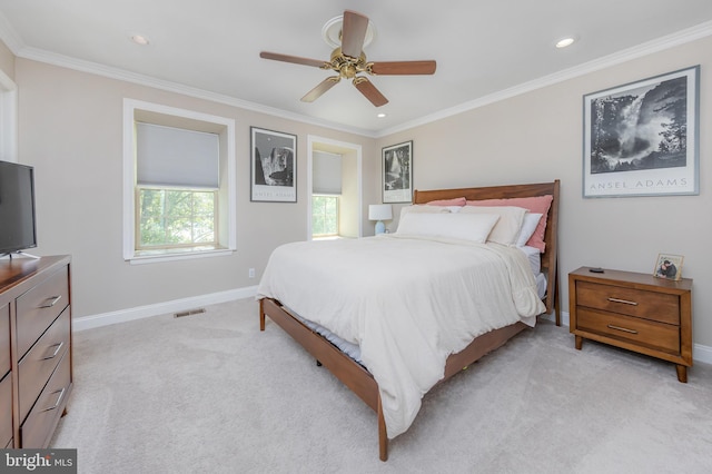 621 Foxton Ct, West Deptford, NJ 08051 - bedroom featuring light carpet, baseboards, crown molding, recessed lighting, and ceiling fan